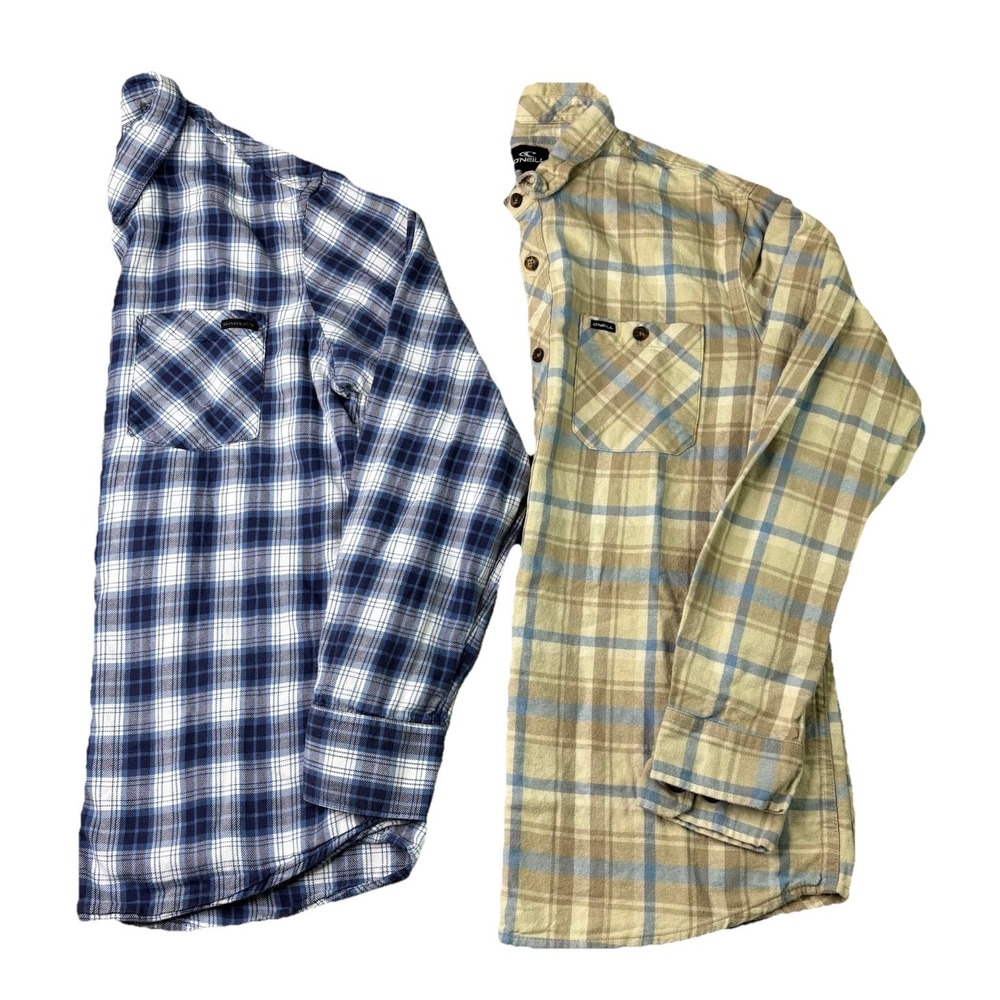 O'Neil Oakley Men's Lot 2‎ Medium Blue Plaid Flannel Long Sleeve 100% Cotton